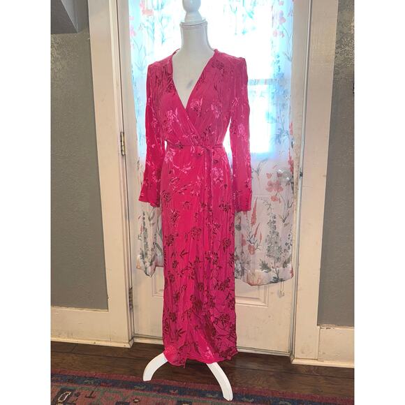 ZARA NEW JACQUARD SATIN WRAP DRESS BELTED FUCHSIA PINK - Picture 1 of 6